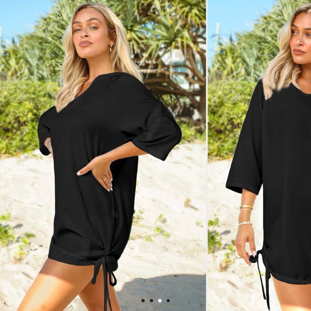 Nwot Split Neck Solid Drawstring Side Cover Up - image 4